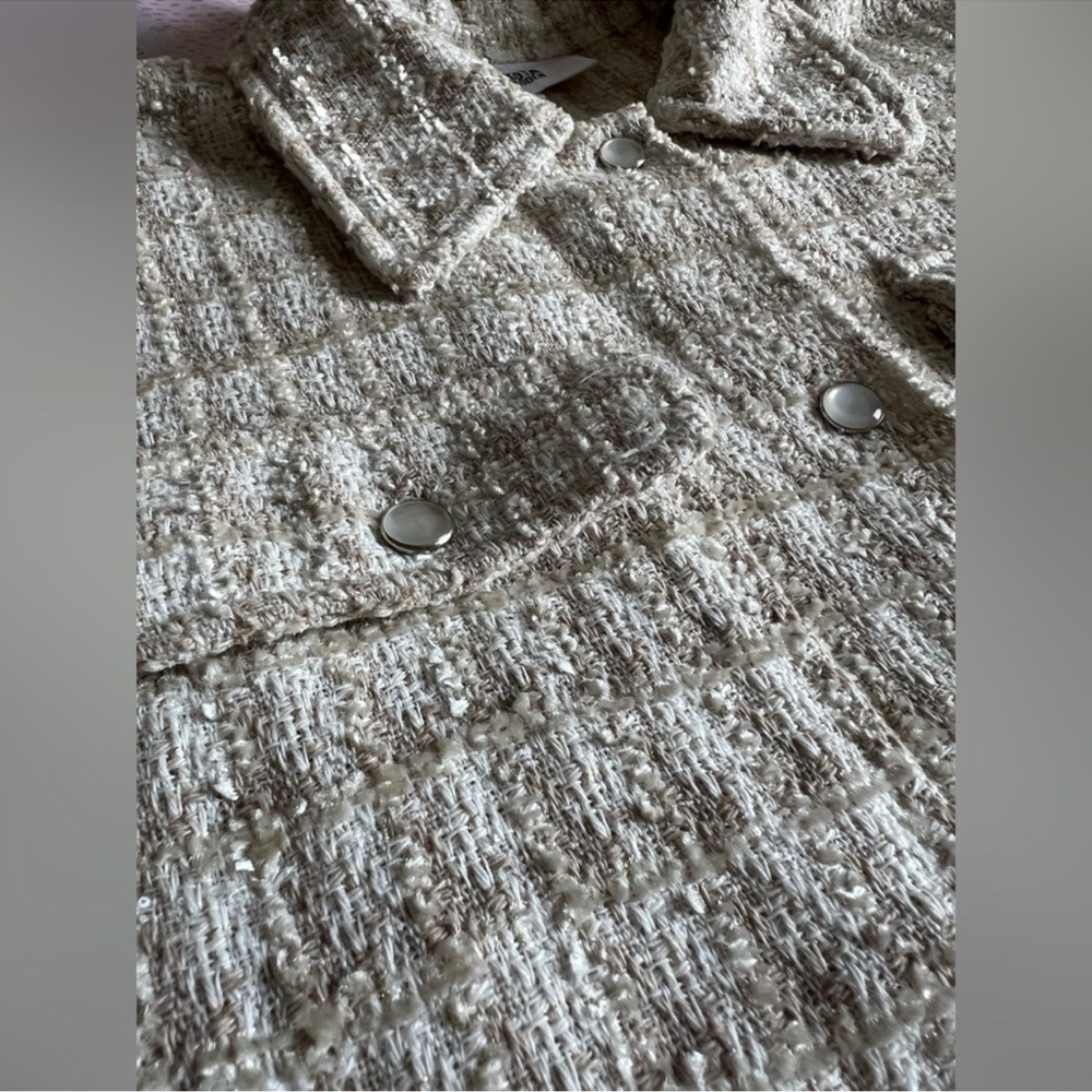BB DAKOTA STEVE MADDEN Tweed Nevermind Boucle Snap Shirt Jacket Cream Tan Med - Picture 10 of 15